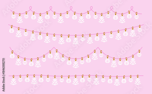 Christmas garlands set. Handmade straw and paper cutouts, festive tree and bauble shapes. Xmas and New Year ornament, handcrafted decorations. Seasonal holiday decor. Flat vector illustrations