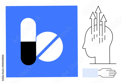 Medication concept. Pills and human head highlight the relationship between mental health and pharmacology. Medication aiding mental health treatment and cognitive improvement. For healthcare