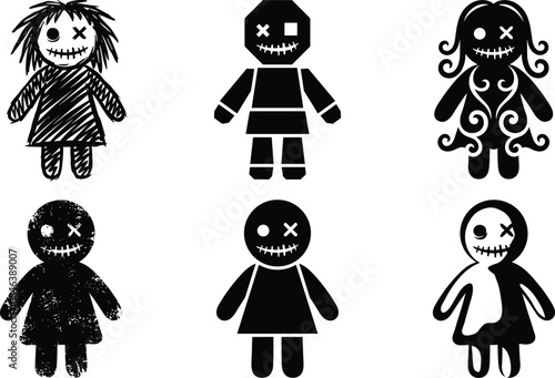 Creepy doll silhouette set, spooky stitched voodoo toy characters halloween vector illustration