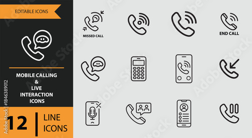 Mobile calling and live interaction line icons for modern digital communication