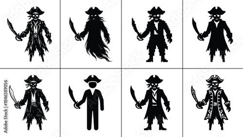 Pirate silhouette character set, spooky undead corsair figures gothic halloween illustration collection