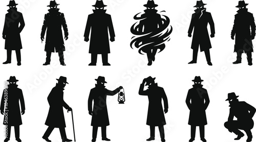 Mysterious detective silhouette set, noir trench coat figures shadowy crime illustration collection