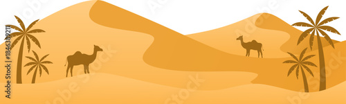 Desert Landscape with Camels and Palm Trees