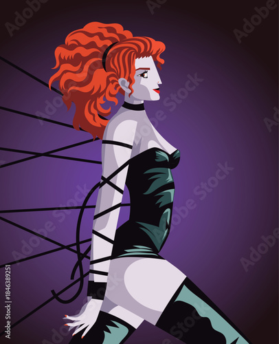 sensual beautiful model in leather tied with ropes