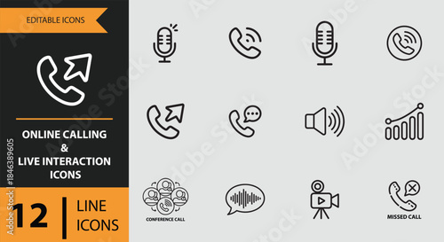 A set of 12 editable line icons representing online messaging and chat functionalities.