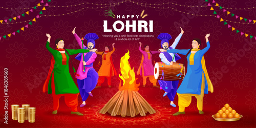 Vibrant Lohri festival illustration showing group of Punjabi men and women dancing around bonfire with dhol, sweets and festive decorations. Perfect for Lohri greeting cards, posters, flyers, banners 