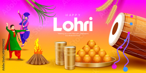 Colorful Lohri festival vector illustration featuring Punjabi couple performing traditional dance, dhol, bonfire, sugarcane, wheat crops and festive sweets. Ideal for Lohri greetings, banners, posters