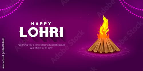 Minimal Lohri festival vector illustration featuring traditional bonfire on a purple background. Perfect for Lohri greetings, posters, banners and modern festive designs.