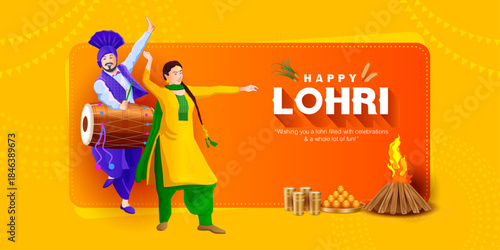 Bright Lohri festival vector featuring a Punjabi couple dancing with dhol, bonfire and traditional sweets on a yellow background. Suitable for Lohri greeting designs, social media creatives.