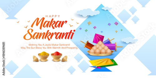 Clean and modern Makar Sankranti vector illustration featuring colorful kites, tilgul sweets, thread reels and festive elements. Suitable for Sankranti greetings, posters, banners and digital promo.