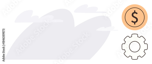Dollar coin representing value and gear symbolizing productivity over a cloud backdrop. Ideal for finance, productivity, innovation, technology, teamwork, enterprise, cost-efficiency. A simple flat