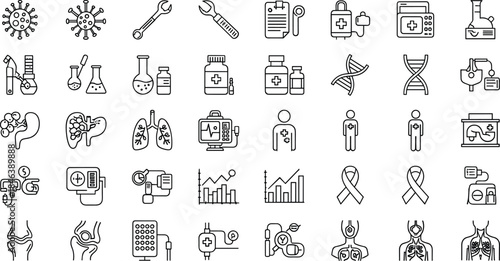 Medical and healthcare line icons, virus, DNA, lungs, laboratory equipment, doctor, medicine bottle, vector collection, black outline symbols set.