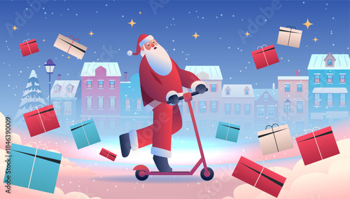 Santa Christmas New Year 2026 celebration Santa riding scooter surrounded by flying gifts snowy town festive winter night houses stars clouds