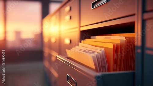 Organized business files in a warm, golden office setting, showcasing efficient data management and secure record keeping for professional administration.