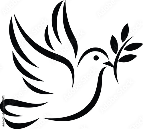 Flying peace dove with olive branch, black silhouette vector illustration, symbol of hope and freedom, isolated bird logo design, art.