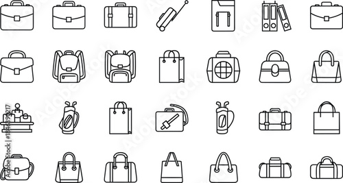 Bag and luggage line icons, briefcase, backpack, suitcase, handbag, shopping bag, travel accessories, vector collection, black outline symbols set.