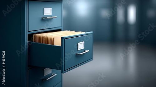 Efficient filing system in a modern office environment symbolizing organized business data and document management for corporate success and streamlined administration.