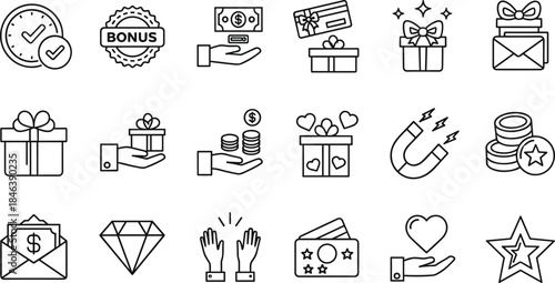 Bonus and loyalty program line icons, rewards, gift box, discount coupon, money prize, customer incentive, linear vector symbols set, outline.