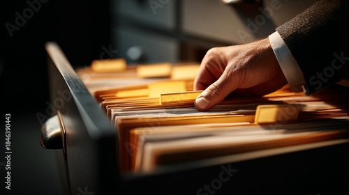 Efficiently managing important filing and files within a classic office environment, a professional hand retrieves crucial documents from an organized cabinet drawer for business operations.