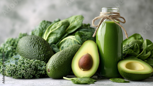 Healthy smoothie bottle with fresh green ingredients