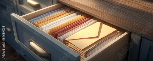 Organized envelopes and important mail neatly stored in an open office drawer, symbolizing efficient communication, administration, and secure document management in a professional 