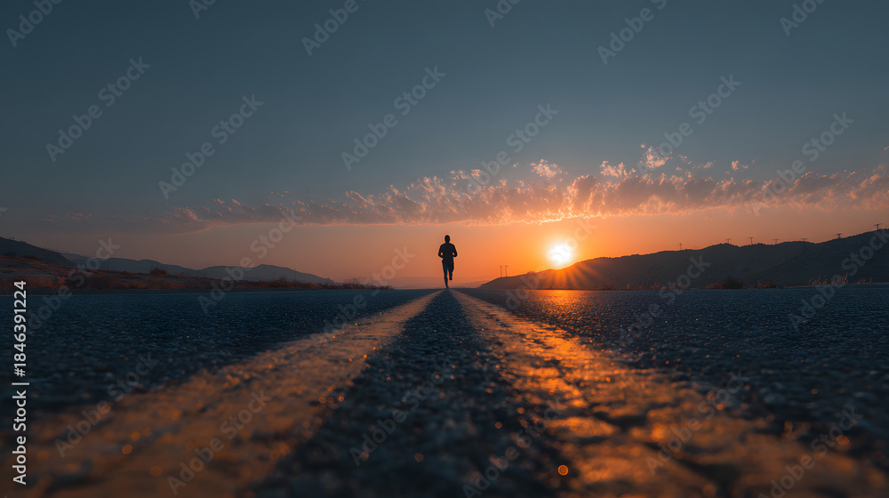 Obraz premium Motivational runner heading toward 2026 goal on sunset road symbolizing new beginnings
