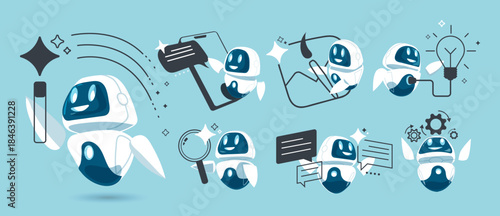 Ai assistance illustration set, robot computer Ai generative, social media, communication support, chatting and services tools.
