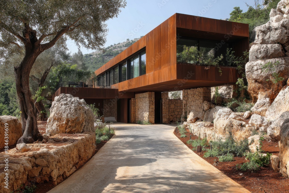 Obraz premium Modern house located in a rocky area surrounded by trees on a sunny day with clear blue sky and a winding path leading to the entrance