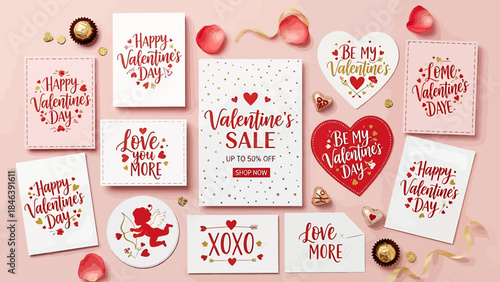 Heartfelt Valentine's Day flat lay featuring an elegant collection of greeting cards, sweet treats, and festive decorations, thoughtfully arranged to celebrate love and romance