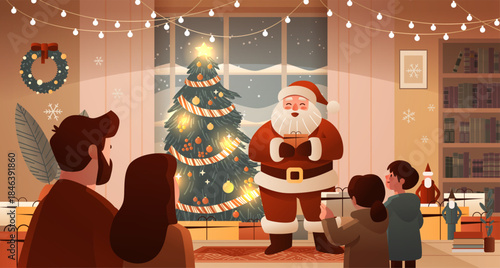 Santa Christmas family celebration living room gift exchange festive tree children parents winter holiday lights cozy home decor