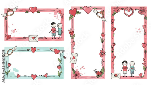 Charming Hand-Drawn Valentine's Day Frames Collection with Doodle Couples, Hearts, and Romantic Elements, Perfect for Celebrating Love and Special Moments