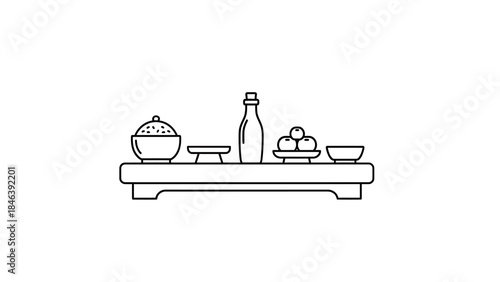 Traditional Asian Food Offering Set on a Wooden Altar.