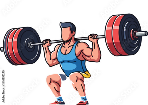 Man lifting weights on black background, colorful illustration of bodybuilder with barbell, closeup of gym equipment