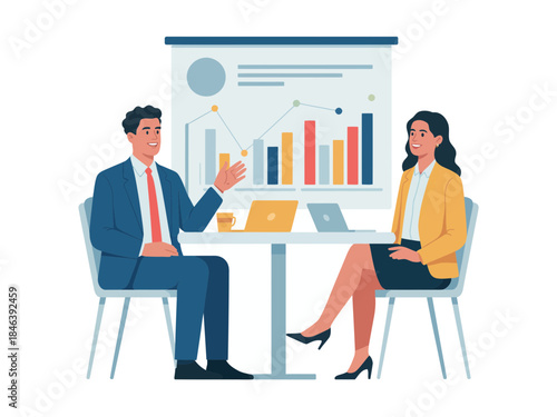 Two business professionals, a man and a woman, stand with their arms crossed, looking at a presentation board displaying a bar graph with an upward trend.