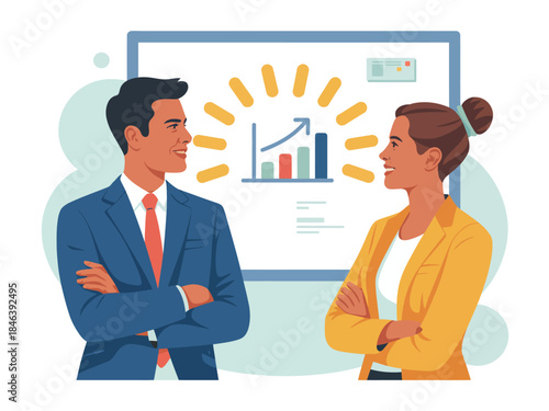 Two business professionals, a man and a woman, stand with their arms crossed, looking at a presentation board displaying a bar graph with an upward trend.