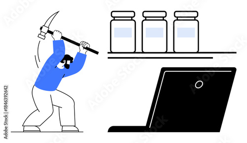 Cryptocurrency, blockchain, digital assets, data storage, online economy, financial technology. Person holding a pickaxe, jars laptop. Cryptocurrency and blockchain in focus