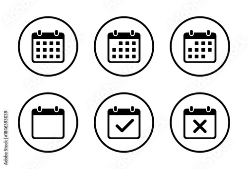Calendar, event check, and cancel marker icon in circular outline. Schedule, checkmark and cross mark agenda symbol