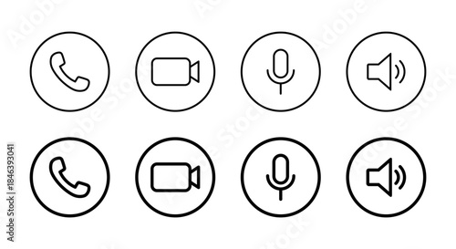 Phone call, video, microphone, and speaker outline icon in circular line. Handset, camera, mic, and volume symbol