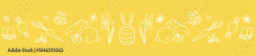 Easter bright border horizontal design with bunnies, flowers, easter eggs spring elements, seamless on yellow background, stencil decoration. 