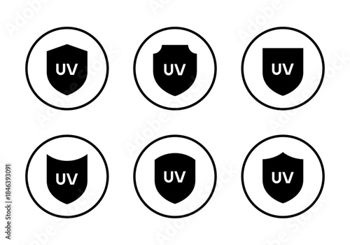 UV protection shield icon set in circular outline. Sunscreen and safety product symbol