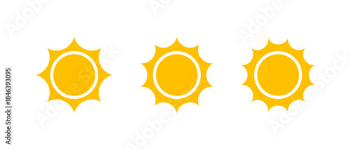 Yellow sun icon set. Bright weather daylight symbol. Sunshine sign