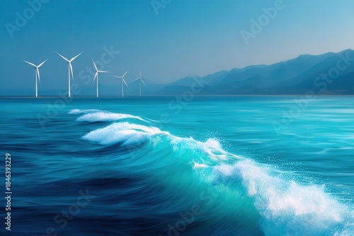 Serene Ocean Waves with Wind Turbines Under Blue Sky and Mountain Horizon