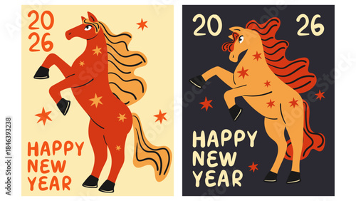 Chinese New Year of the horse 2026 greeting card set. Hand drawn bright poster. Doodle style flat vector illustration.