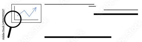 Magnifying glass over a chart with an upward arrow showing growth or progress. Ideal for business, analytics, growth, research, success, strategy, finance. Minimal simple flat metaphor