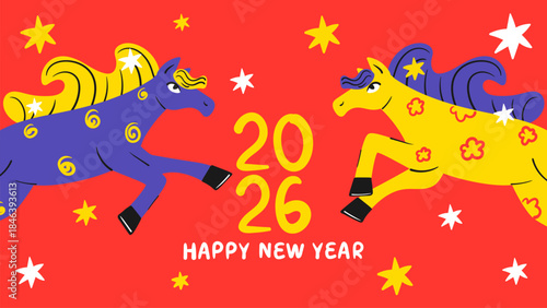 Colorful Chinese New Year of the horse 2026 banner. Hand drawn bright poster. Doodle style flat vector illustration.