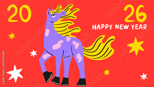 Colorful Chinese New Year of the horse 2026 banner. Hand drawn bright poster. Doodle style flat vector illustration.