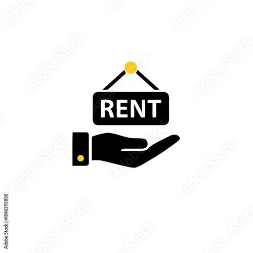 Simple black hand icon presenting a 'RENT' sign, conveying concepts of property leasing, housing market, and real estate transactions for various applications