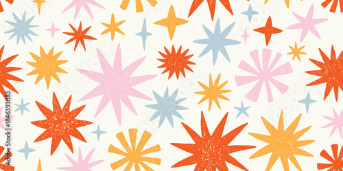Seamless pattern with bright golden, red, blue and pink stars. Christmas, birthday design with light background. Trendy modern vector illustration. Cute hand drawn flat sketch, scribble design