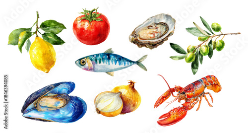 Mediterranean watercolor collection food. Lemon slices, tomatoes, fish, mussel, oyster, onion, olive, and lobster. Amalfi coast-inspired set with Italian summer motifs. Vector illustration.