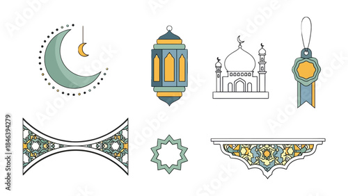 Elegant Symbols of Cultural Celebration: An array of intricate and visually stunning cultural symbols, featuring iconic elements like a crescent moon, a traditional lantern, and a stylized mosque.